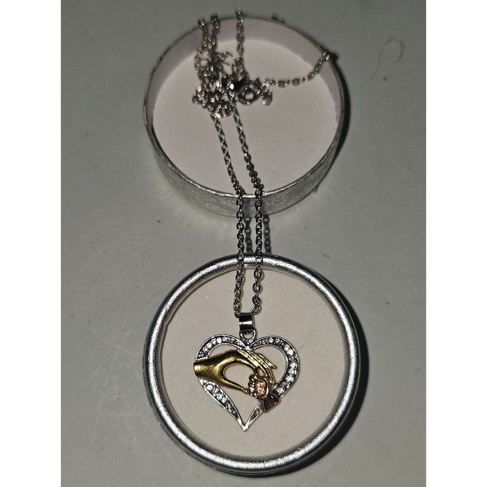 Tricolor Mother and Child Heart Pendant Necklace Crystal Two Tone Hands 20in